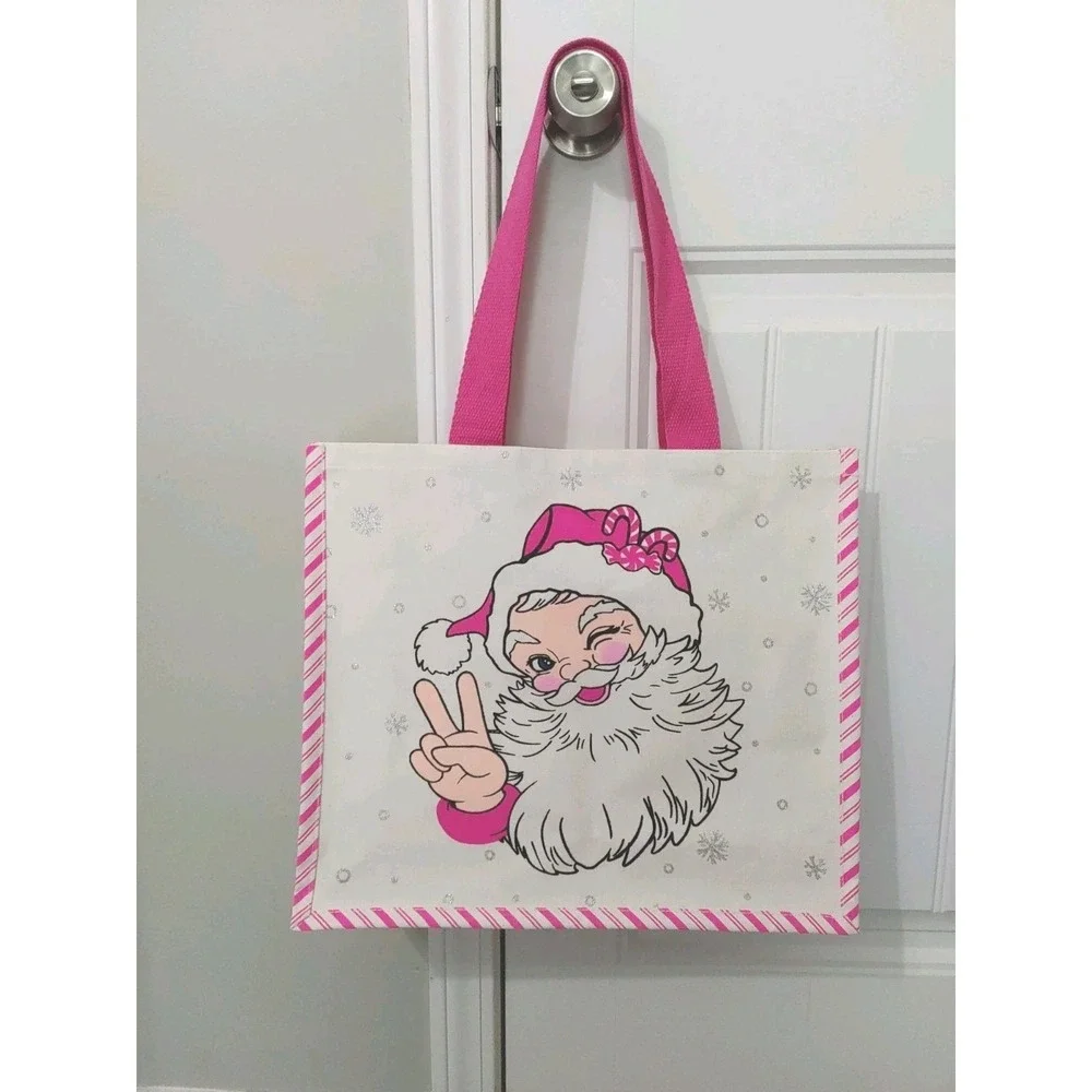 Pink Canvas Tote Gift Bag Winking Retro Santa Christmas Peace Candy Striped